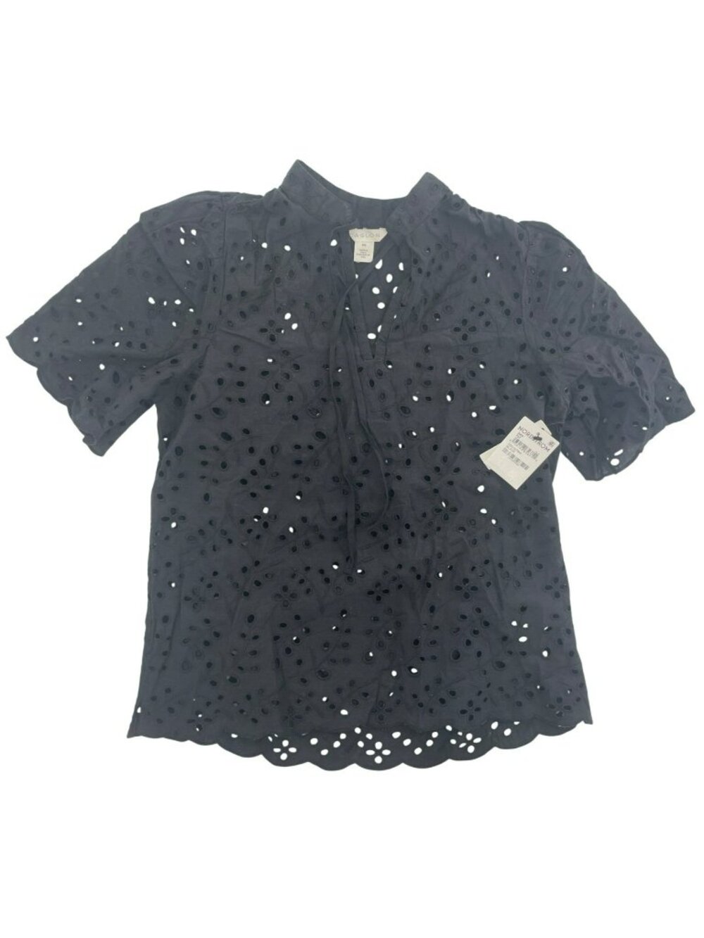 Caslon Scalloped Blouse Black Eyelet Short Sleeve Hem Women's Size XXS NWT